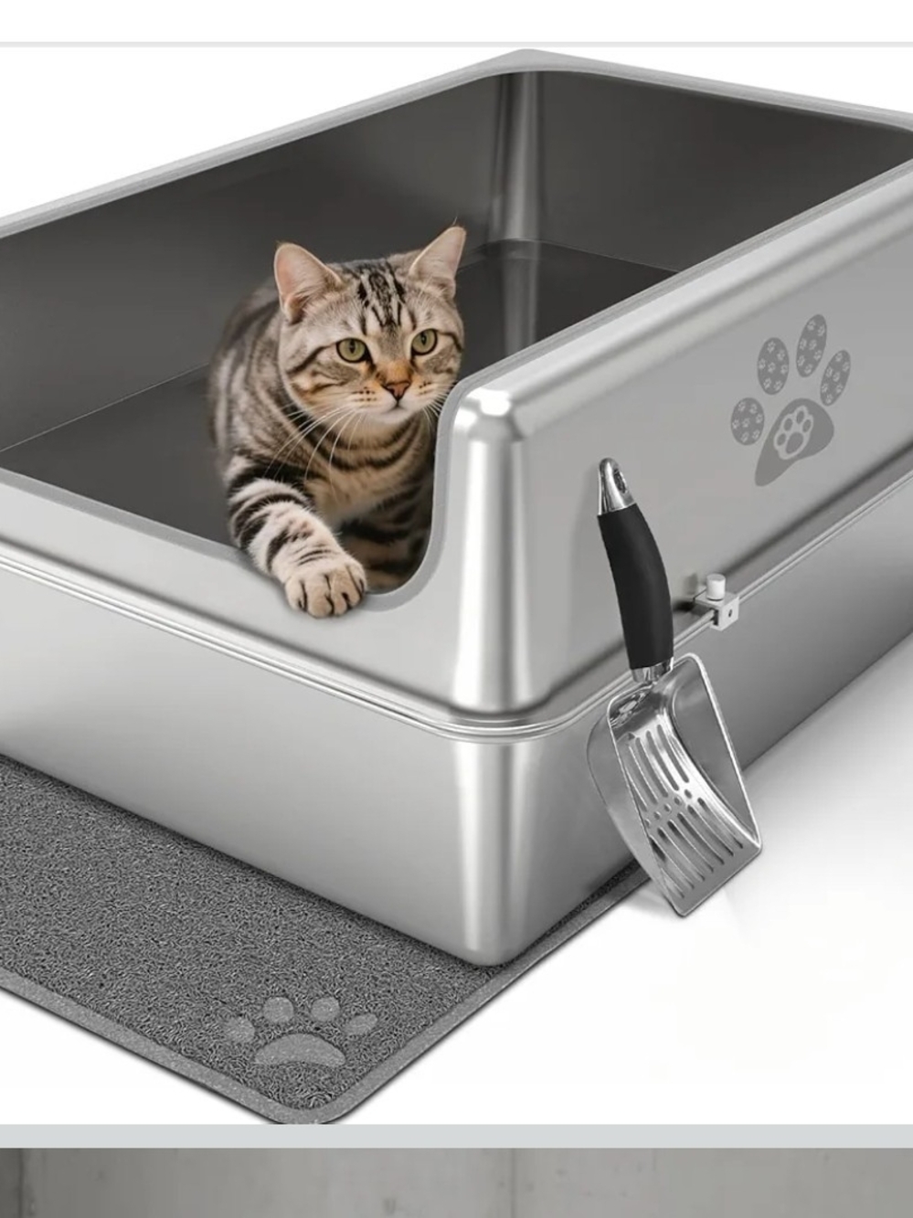 XXXL Stainless Steel Cat Litter Box Enclosed High Side Lid Mat Scoop